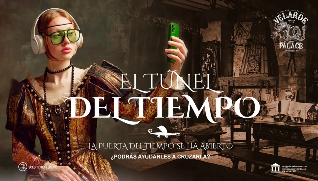 Una chica vestida de epoca pero con movil y cascos para la música